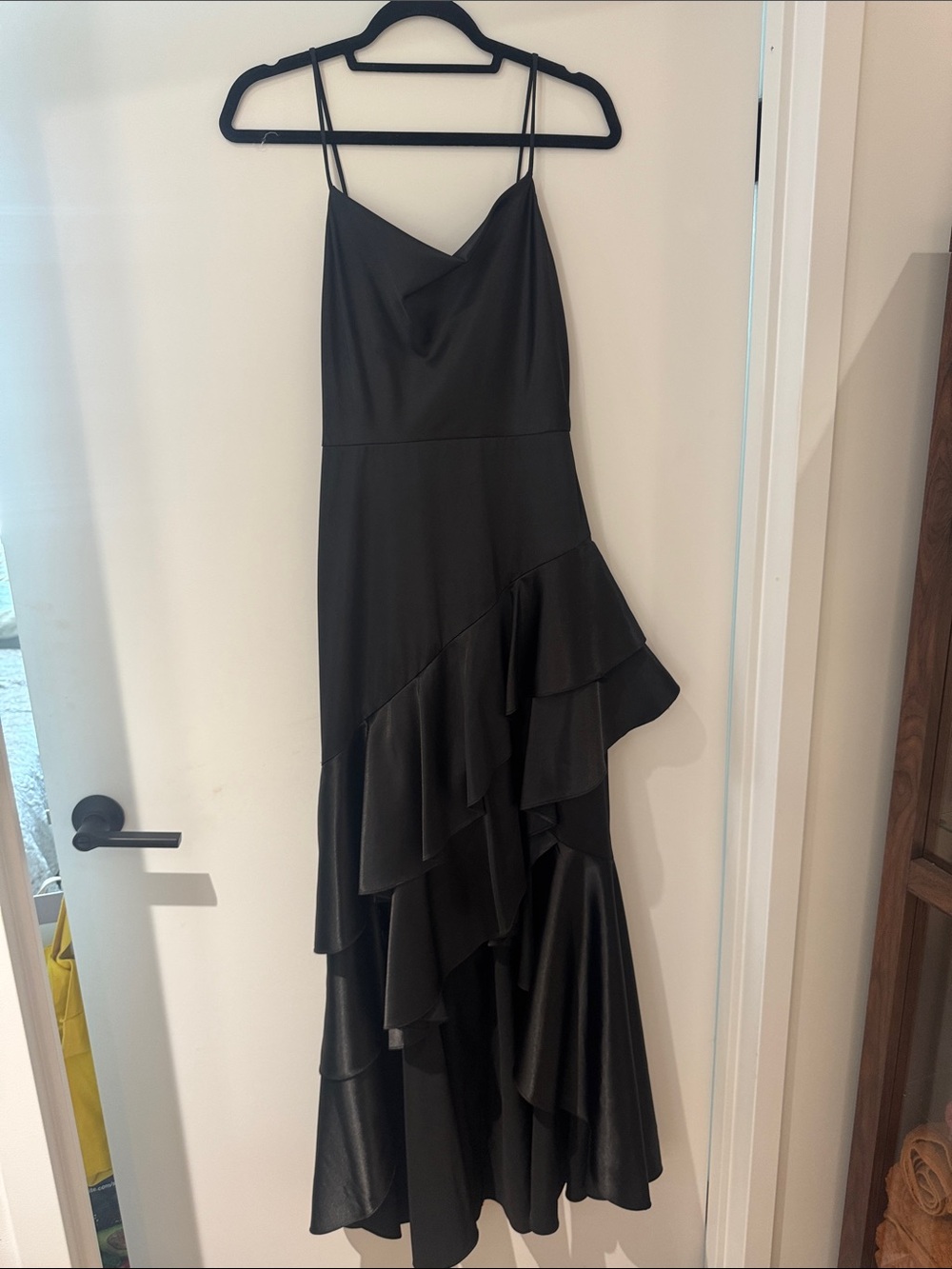 Betsy & Adam Black Ruffled Asymmetrical Spaghetti-Strap Dress
